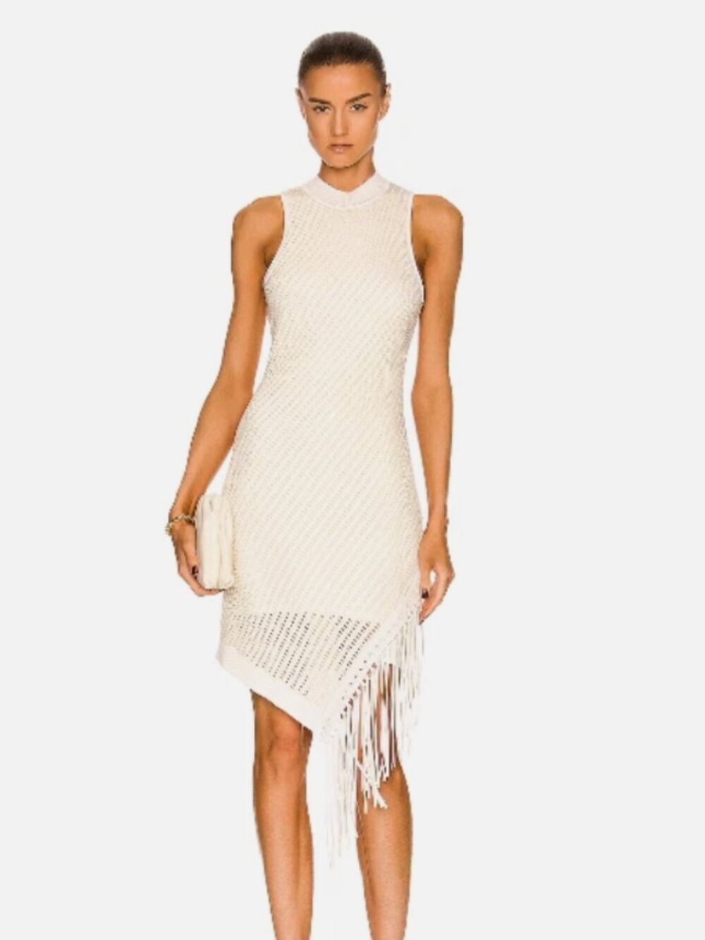 Jonathan Simkhai Ivory Chelle Asymmetrical Fringe Detail Knit Dress - Sz Small